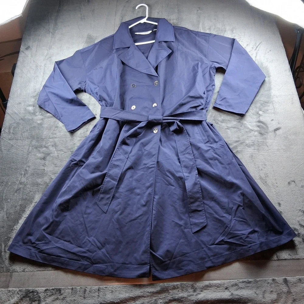 Beautiful by Lawrence Zorian Trench Coat Womens 1X Navy Pleated Back Belted Long